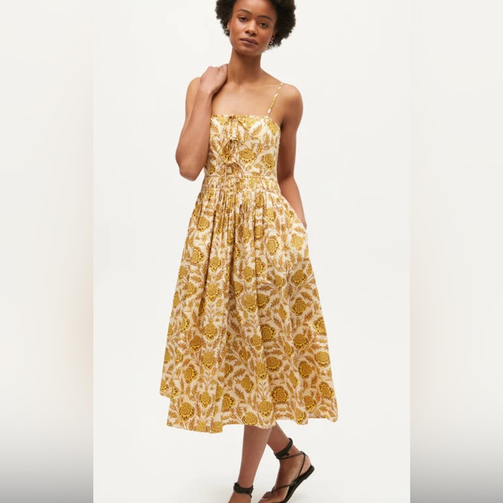 Rhode Katrina Floral Cotton Poplin Midi Dress Yellow New